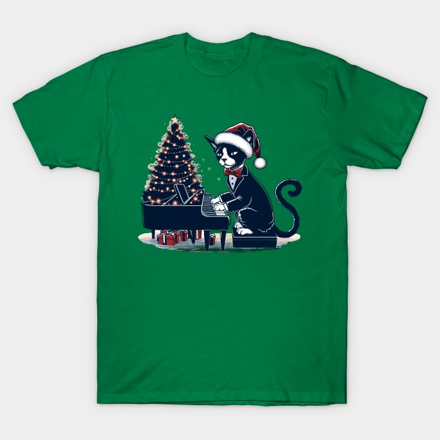 Devon Rex Cat Playing Piano Christmas T-Shirt by Graceful Designs